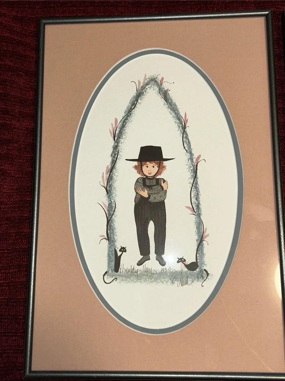 P. Buckley Moss Professionally Framed Amish Boy Adam and Girl with Black Cats